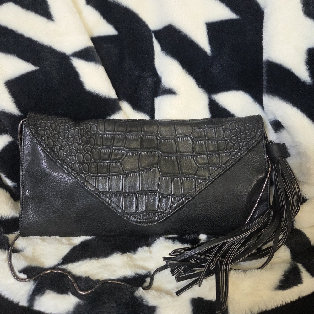 Carlos Santana Black Naomi Clutch Crocodile-Embossed NEW